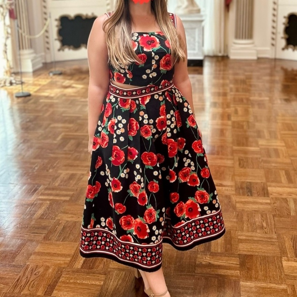 New York & Company Two Piece Black Dress with Red Floral Design